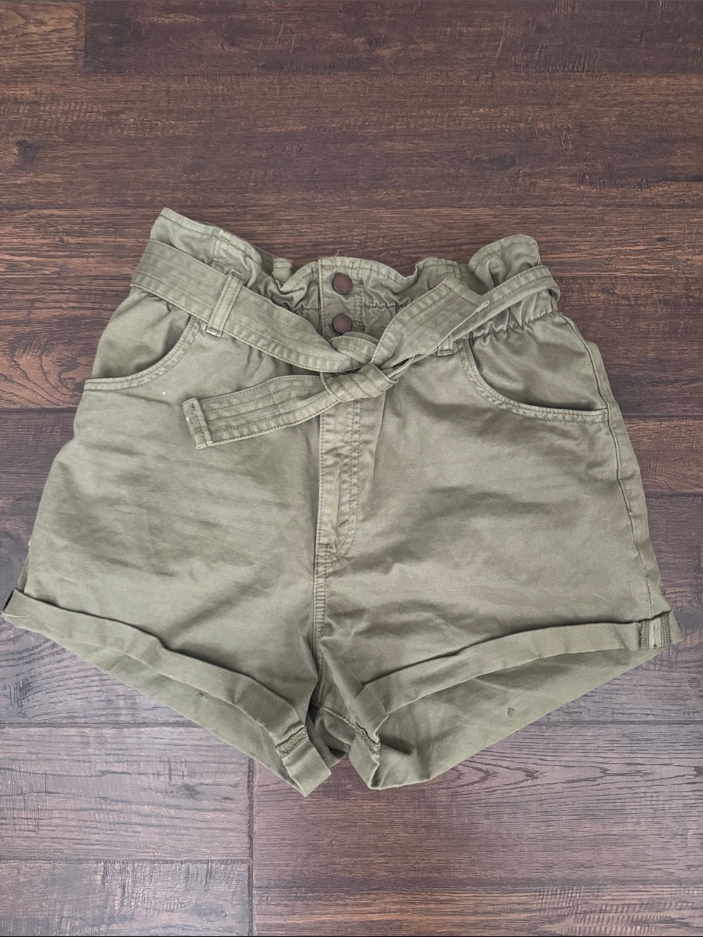 Abercrombie & Fitch Olive High-Waist Paperbag Shorts with Self-Tie Belt